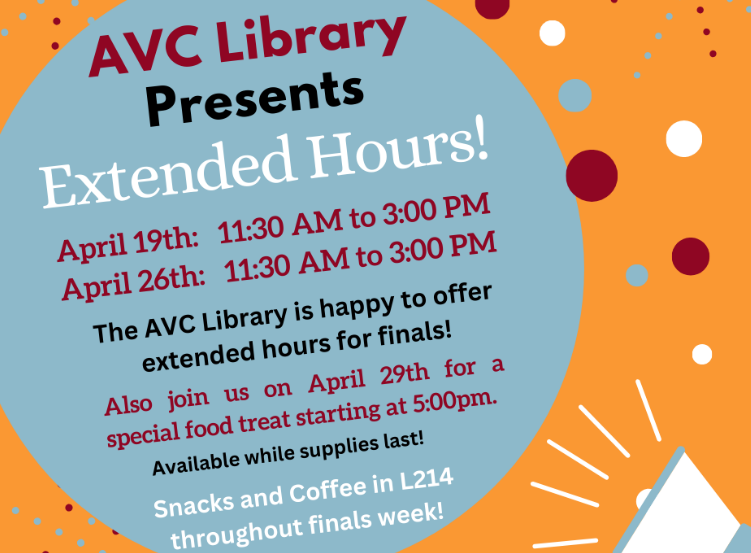 Extended library hours at main campus til 3p on 4/19 & 4/26