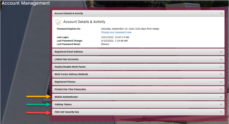 account management - select type of authentication