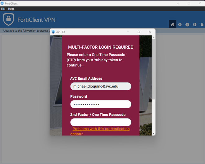 VPN Two factor authentication dialog window