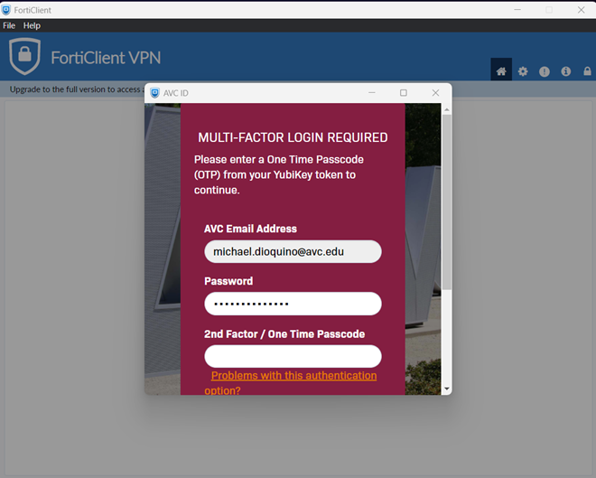 VPN Two factor authentication dialog window 