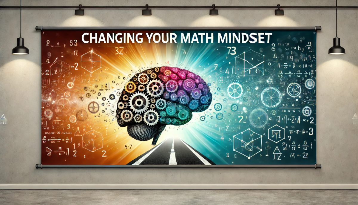 Banner for the 'Changing Your Math Mindset' workshop featuring a bright, motivating background with a brain illustration, gears turning, and math symbols evolving from simple to complex. The design conveys growth and transformation in learning math.