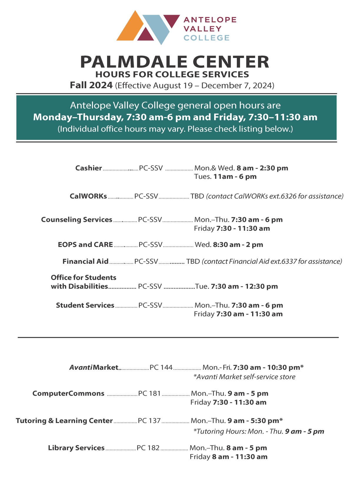 Palmdale Hours of Operation Fall 2024