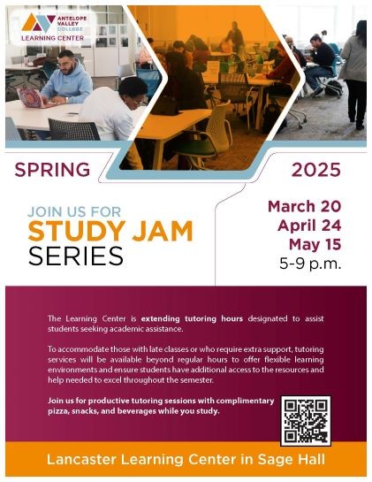 Flyer for 2025 Spring Study Jam Lancaster March 20, April 24, May 15 at 5 p.m. to 9 p.m.