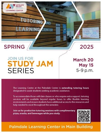 Flyer for 2025 Spring Study Jam in Palmdale March 20, May 15 at 5 p.m. to 9 p.m.