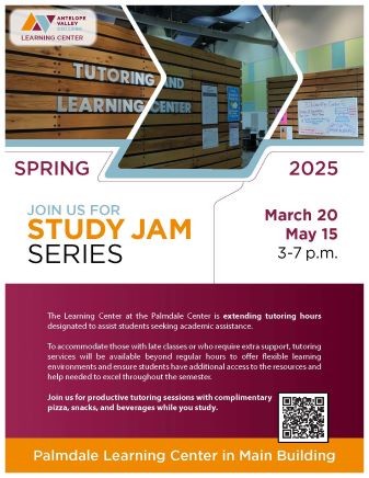 Flyer for 2025 Spring Study Jam in Palmdale March 20, May 15 at 3 p.m. to 7 p.m.